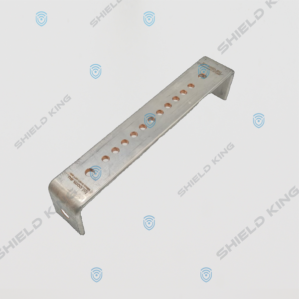Earth Bar Copper, Optus, 300 mm Nominal, Single Hole, Bent Both Ends, Tinned, per OSD-830, 11 x M8, 2 x M10 holes, 2 x M12 mounting holes