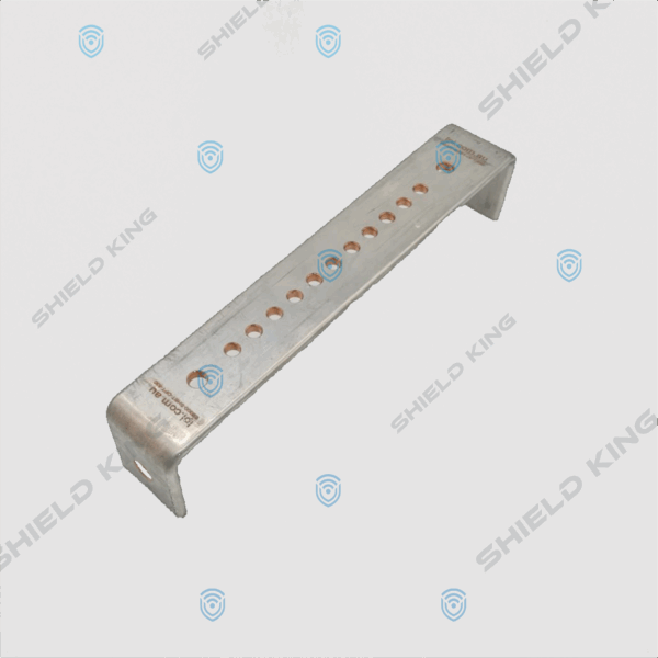 Earth Bar Copper, Optus, 300 mm Nominal, Single Hole, Bent Both Ends, Tinned, per OSD-830, 11 x M8, 2 x M10 holes, 2 x M12 mounting holes